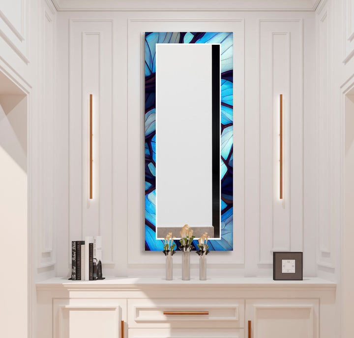 Blue Forest Glass Wall Mirror – Artistic Leaf Pattern Frame