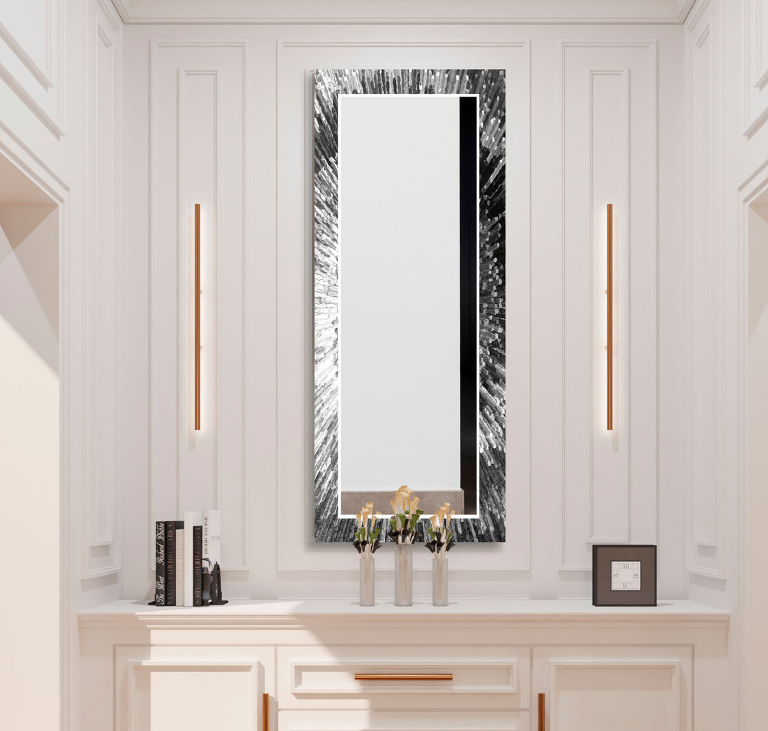 Strahlender Wandspiegel aus geplatztem Glas – Moderne reflektierende Kunst in Schwarzweiß 