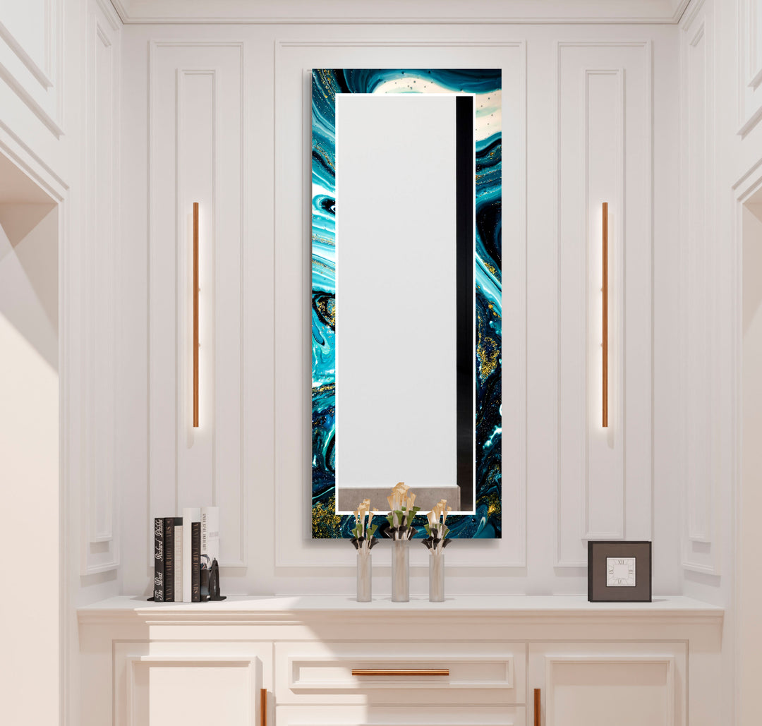 Ocean Swirl Glass Wall Mirror – Turquoise Black Marble Design