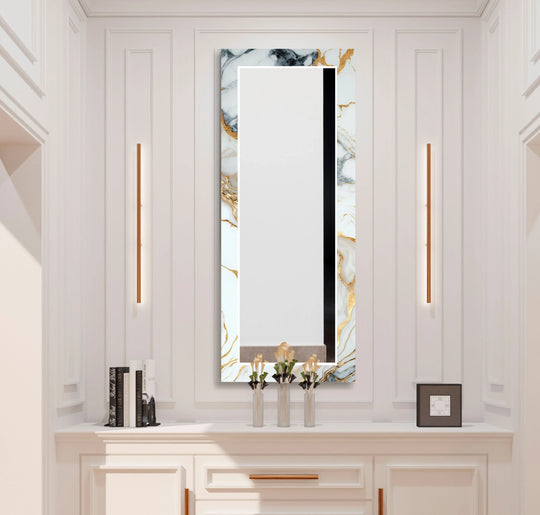 White & Gold Marble Glass Wall Mirror for Modern Living Room Decor - MyPhotoStation