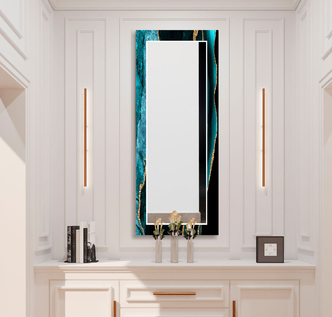 Ocean Gold Wave Wandspiegel – Eleganter Rahmen aus Blaugrün und Marmorglas
