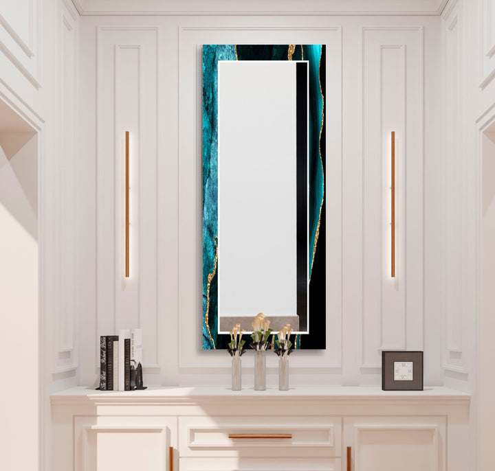 Ocean Gold Wave Wandspiegel – Eleganter Rahmen aus Blaugrün und Marmorglas