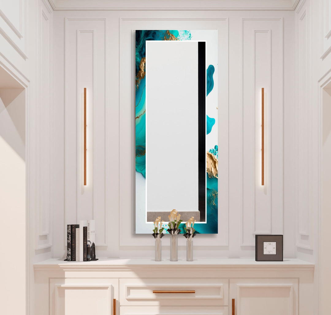 Aqua Marble Glass Wall Mirror – Turquoise Abstract Frame Design