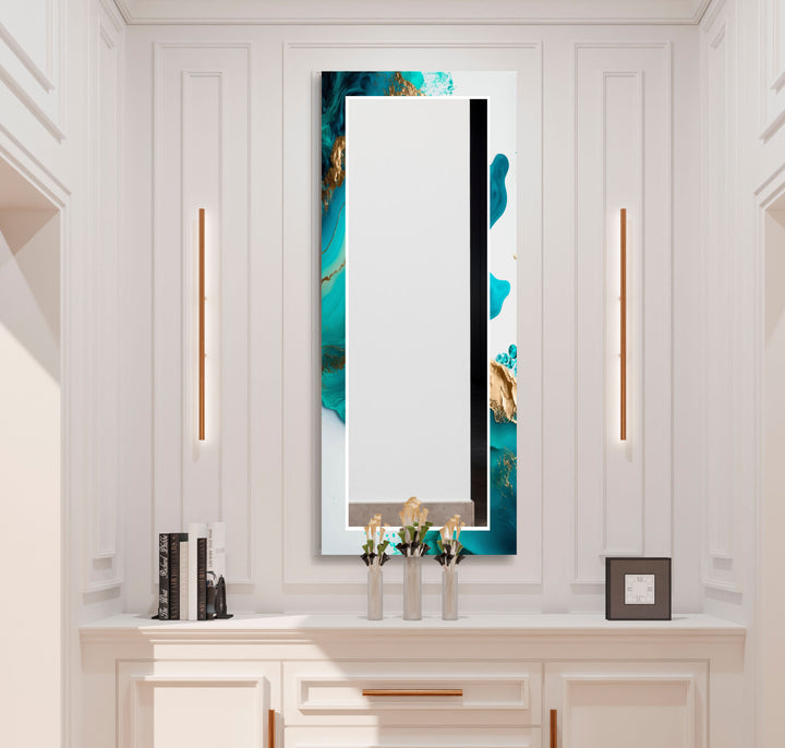 Aqua Marble Glass Wall Mirror – Turquoise Abstract Frame Design