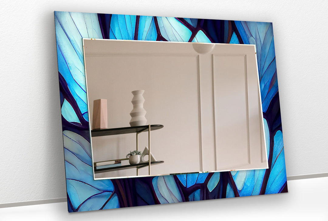 Blue Forest Glass Wall Mirror – Artistic Leaf Pattern Frame