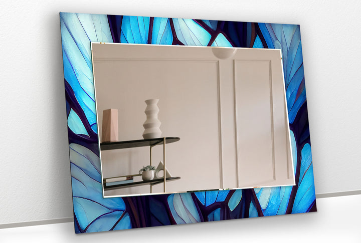 Blue Forest Glass Wall Mirror – Artistic Leaf Pattern Frame