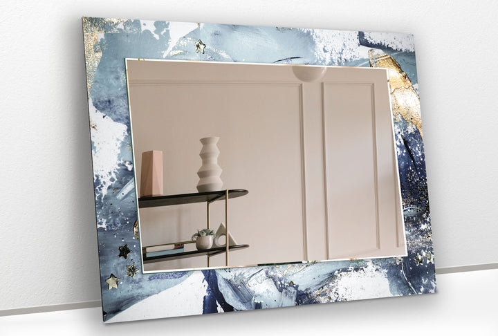 Stardust Splash Glas-Wandspiegel – Blau-Gold-Abstraktes Design 
