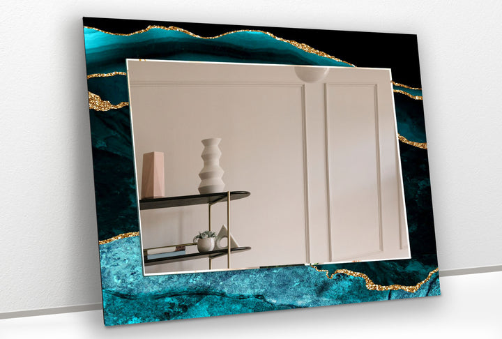 Ocean Gold Wave Wandspiegel – Eleganter Rahmen aus Blaugrün und Marmorglas