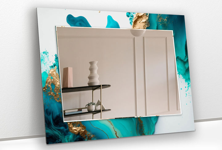 Aqua Marble Glass Wall Mirror – Turquoise Abstract Frame Design