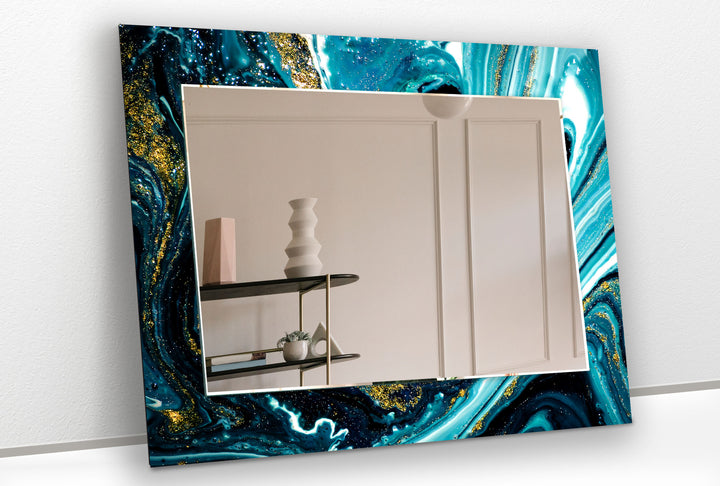 Ocean Swirl Glass Wall Mirror – Turquoise Black Marble Design