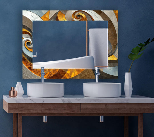 A Brown Orange Fractal Wall Mirror features an abstract swirl pattern in warm browns oranges and cool grays crafted from tempered glass