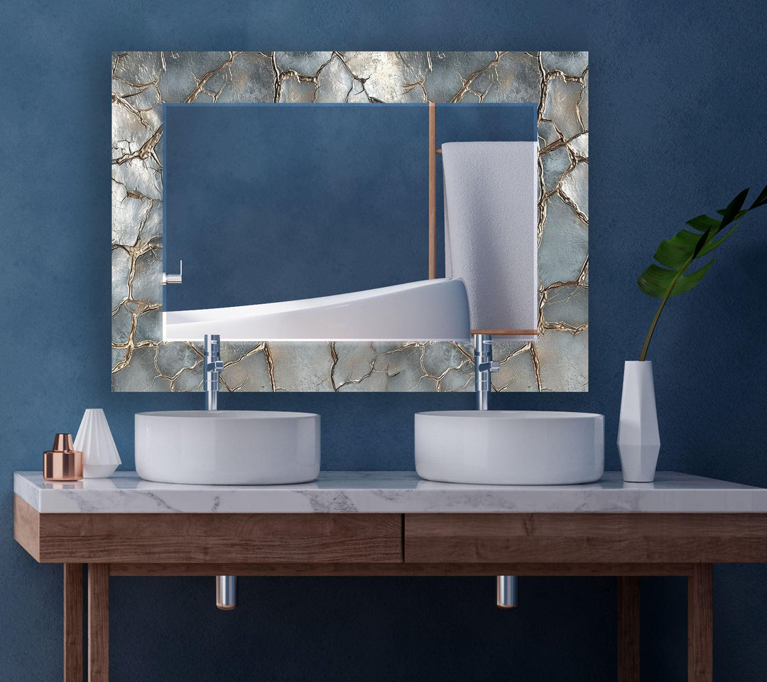 Gray Shiny Cracked Stone Wall Mirror backlit mirror
