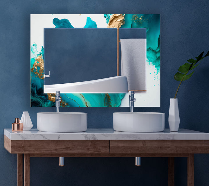 Aqua Marble Glass Wall Mirror – Turquoise Abstract Frame Design