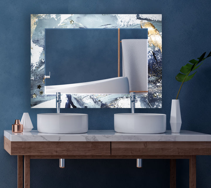 Stardust Splash Glas-Wandspiegel – Blau-Gold-Abstraktes Design 