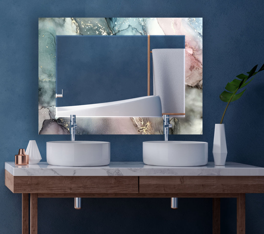 Elegant Marble Glass Wall Mirror – Pastel Abstract Bathroom Decor