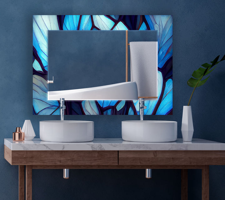 Blue Forest Glass Wall Mirror – Artistic Leaf Pattern Frame