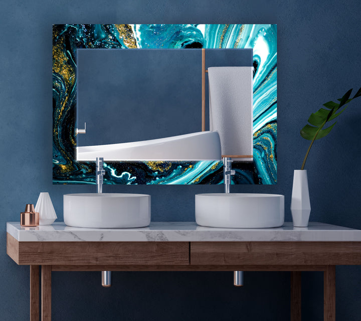 Ocean Swirl Glass Wall Mirror – Turquoise Black Marble Design