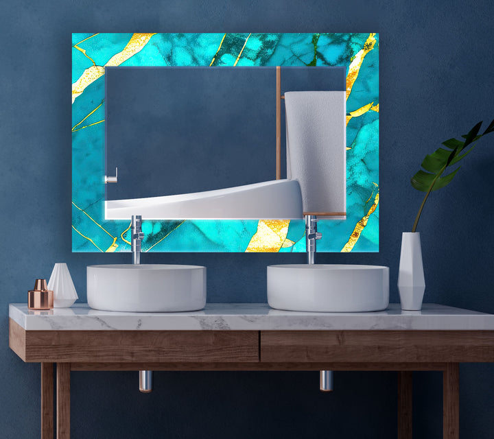 Turquoise Marble Glass Wall Mirror – Bold Coastal Luxe Design