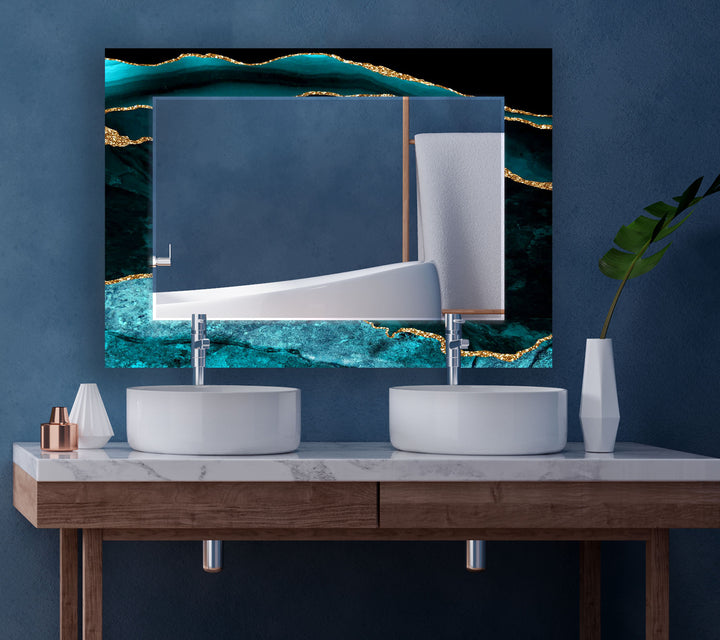 Ocean Gold Wave Wandspiegel – Eleganter Rahmen aus Blaugrün und Marmorglas