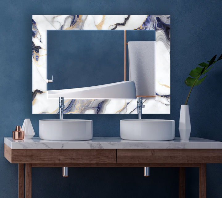 White Marble Glass Wall Mirror – Blue Vein Decorative Accent