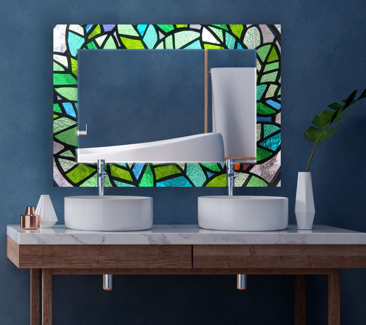 Green Mosaic Glass Wall Mirror – Vibrant Stained Art Frame