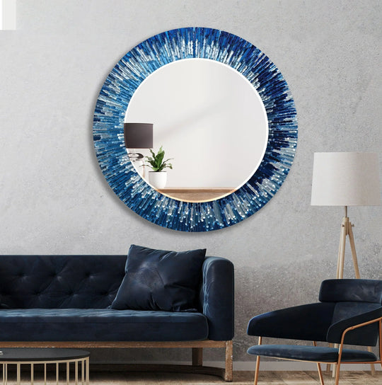 Blue White Splash Round Wall Mirror showcases an artistic blue and white abstract design frame and adds modern elegance