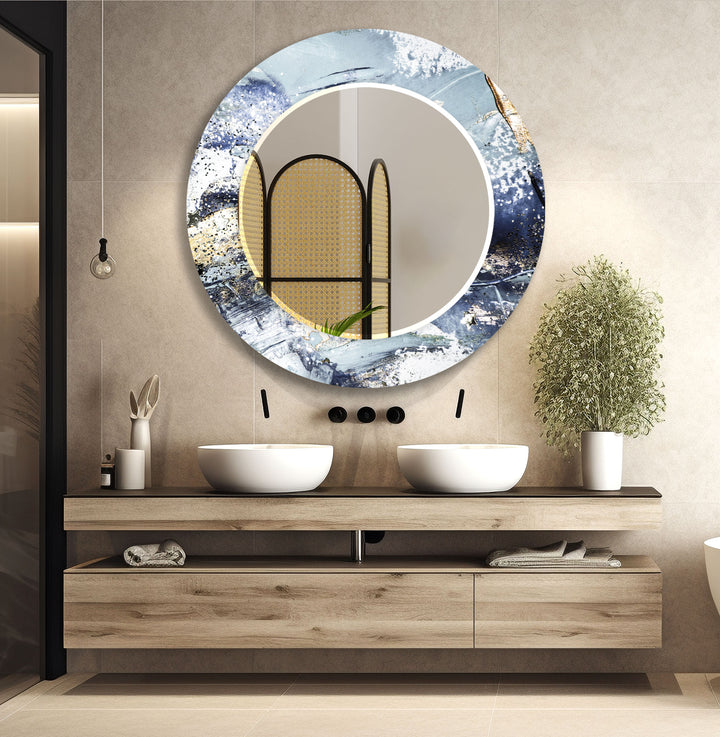 Stardust Splash Glas-Wandspiegel – Blau-Gold-Abstraktes Design 