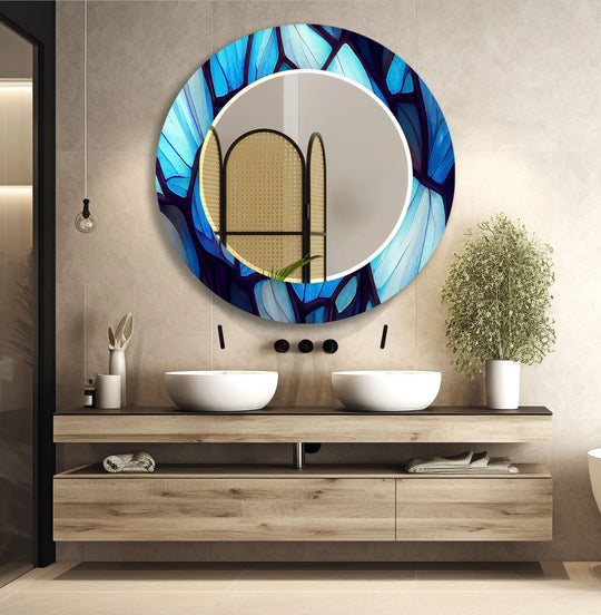 Blue Forest Glass Wall Mirror – Artistic Leaf Pattern Frame - MyPhotoStation