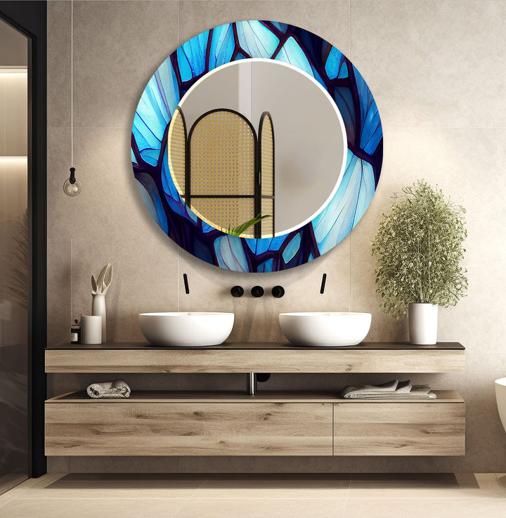 Blue Forest Glass Wall Mirror – Artistic Leaf Pattern Frame