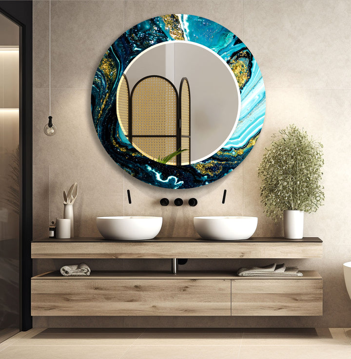 Ocean Swirl Glass Wall Mirror – Turquoise Black Marble Design