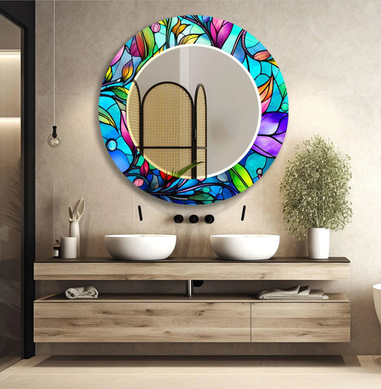 The round wall mirror features colorful flowers and stained glass art a vibrant decorative piece and is ideal stained glass mirror art