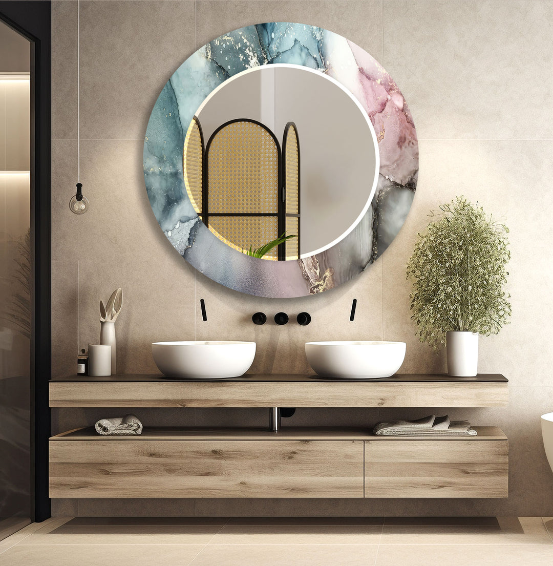 Elegant Marble Glass Wall Mirror – Pastel Abstract Bathroom Decor