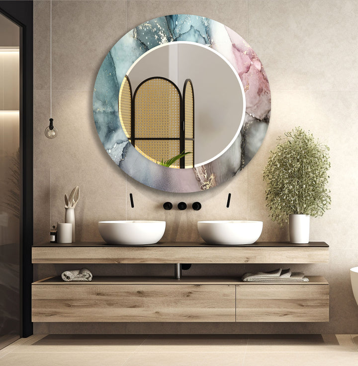 Elegant Marble Glass Wall Mirror – Pastel Abstract Bathroom Decor