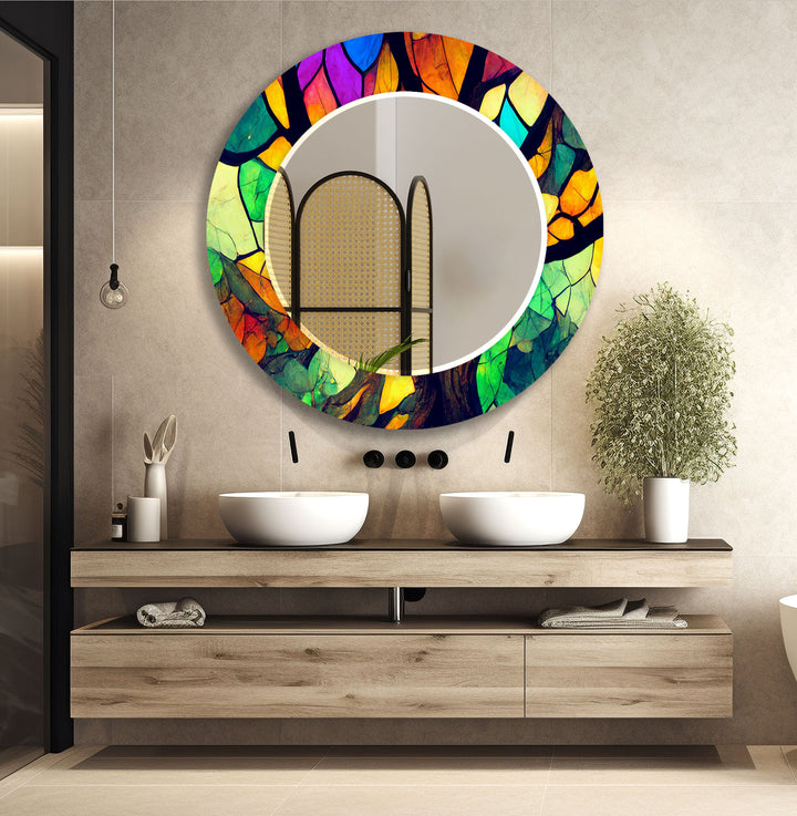Regenbogenblatt-Glas-Wandspiegel – Lebendiger botanischer Kunstrahmen