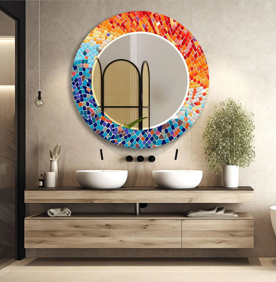 Orange and Blue Mosaic Round Wall Mirror Long Wall Mirror
