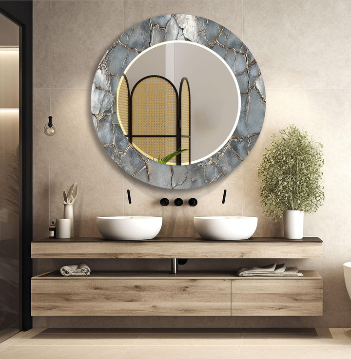 Gray Shiny Cracked Stone Wall Mirror bathroom mirror with lights
