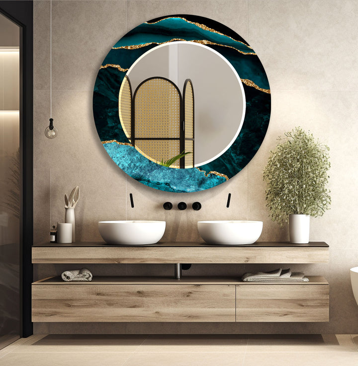 Ocean Gold Wave Wandspiegel – Eleganter Rahmen aus Blaugrün und Marmorglas
