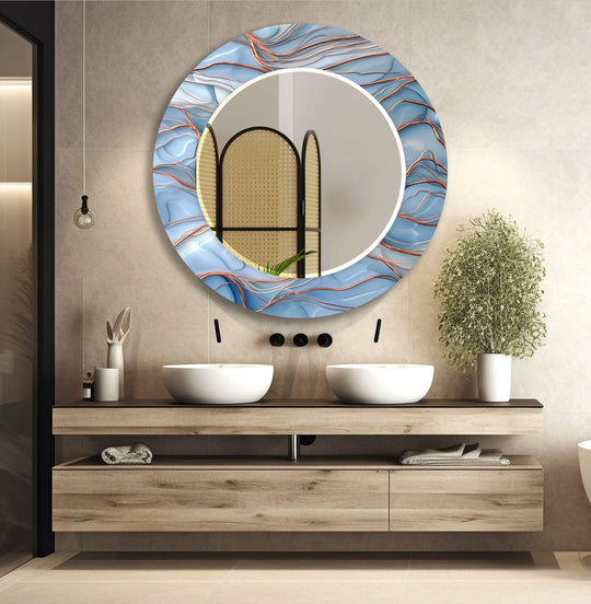 Round Mirror with an abstract blue and copper wavy design and sleek modern statement style