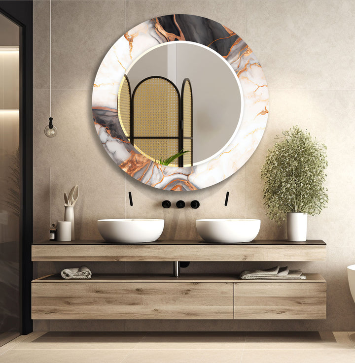 Modern Round Glass Wall Mirror with Marble Design