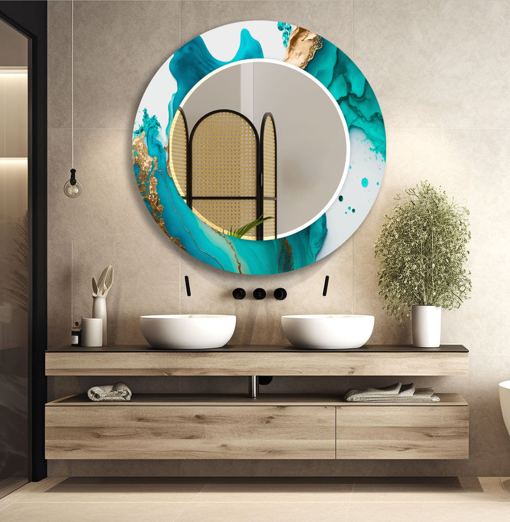 Aqua Marble Glass Wall Mirror – Turquoise Abstract Frame Design