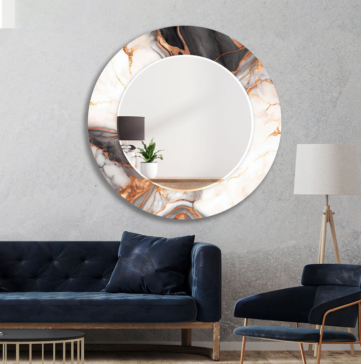 Modern Round Glass Wall Mirror with Marble Design