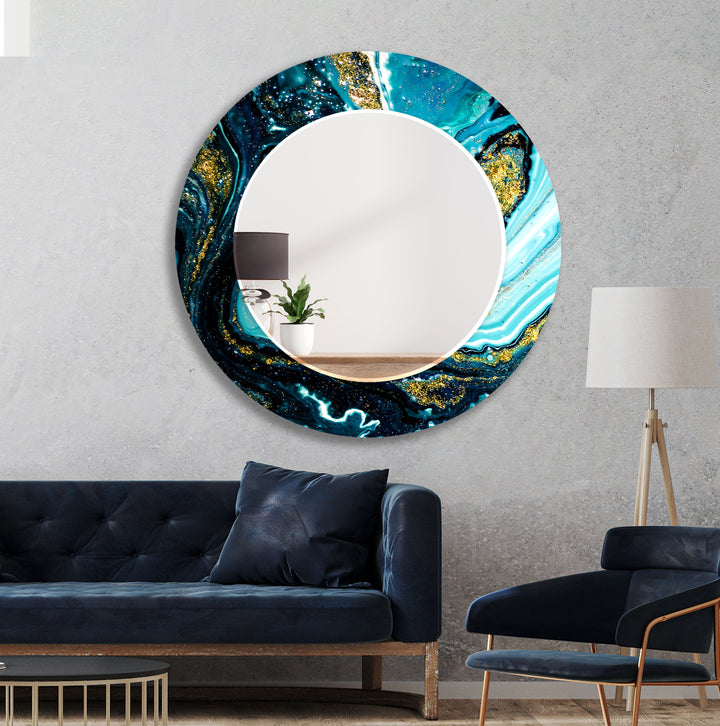 Ocean Swirl Glass Wall Mirror – Turquoise Black Marble Design