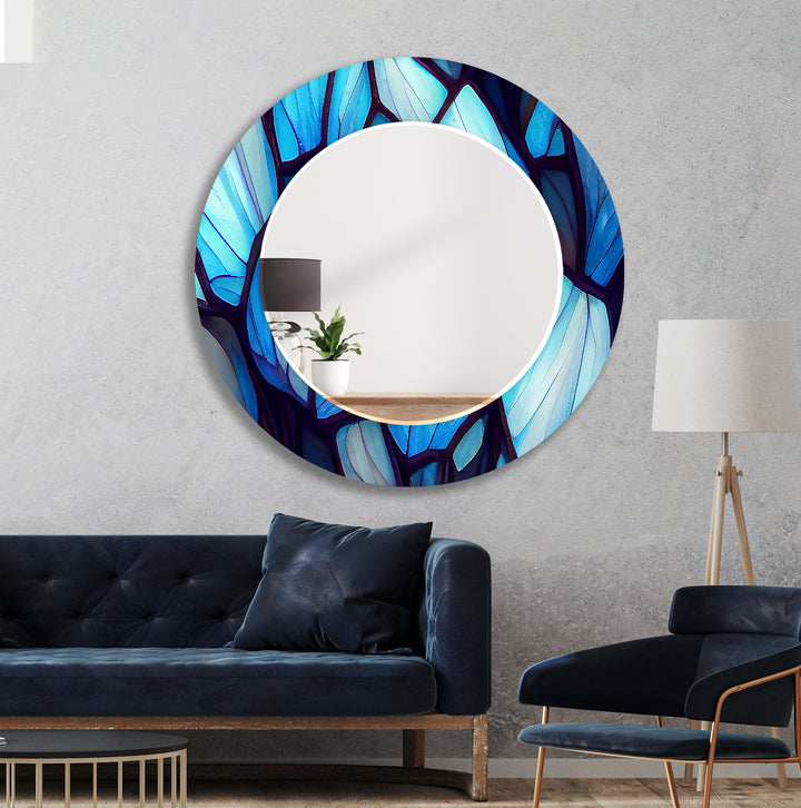 Blue Forest Glass Wall Mirror – Artistic Leaf Pattern Frame