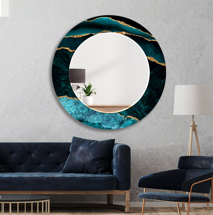 Ocean Gold Wave Wandspiegel – Eleganter Rahmen aus Blaugrün und Marmorglas