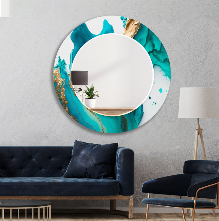 Aqua Marble Glass Wall Mirror – Turquoise Abstract Frame Design