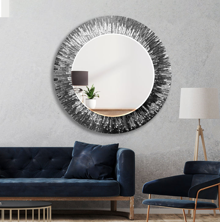 Strahlender Wandspiegel aus geplatztem Glas – Moderne reflektierende Kunst in Schwarzweiß 
