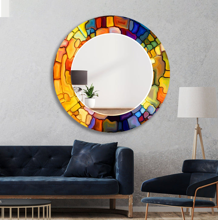 Stained Orange Stones Round Wall Mirror Wood Mirror
