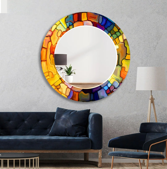 Stained Colored Stones Round Wall Mirror Framed Mirror
