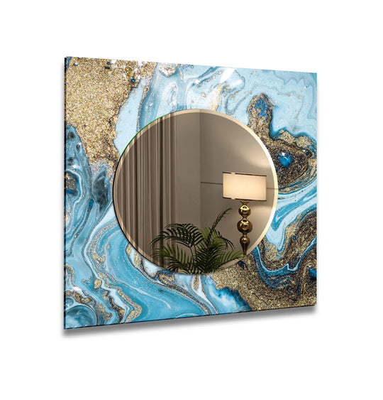 Blue & Gold Marble Glass Wall Mirror – Glam Modern Accent Decor - MyPhotoStation