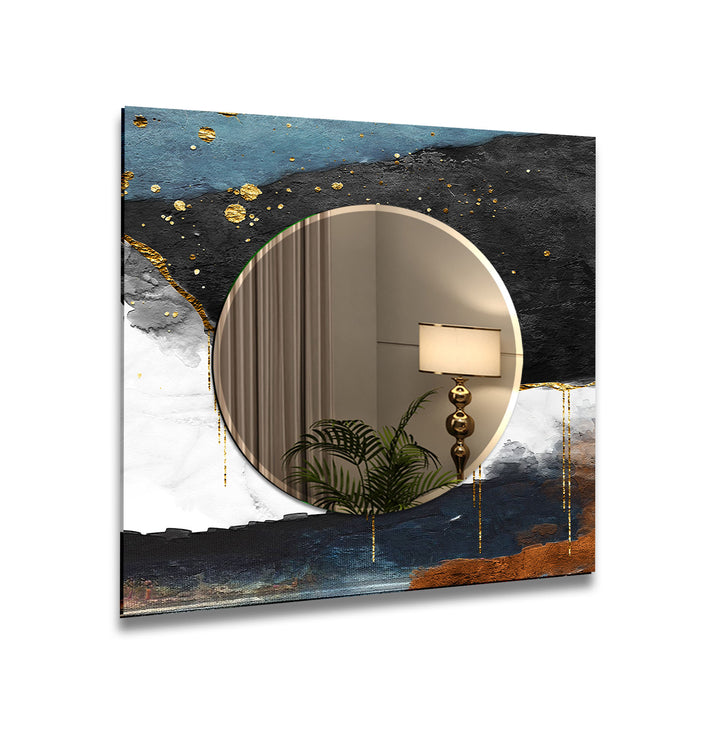 Luxury Textured Glass Wall Mirror – Abstract Blue & Gold Accent